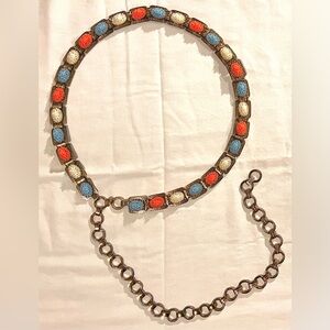 L1960s Hipster Multi-Colored Oval Link Belt With Red, Blue, & White Textu…
